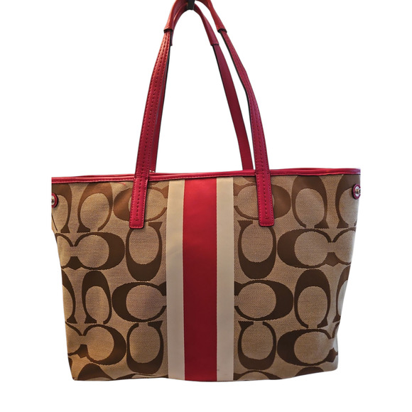 COACH Hamptons Khaki Red Signature Stripe Shoulder Tote Bag #19999 - Picture 2 of 13